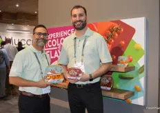 Colors of Flavor is the theme at to booth of Mucci Farms. Ajit Saxena and Stephen Cowan are showing some products from the company's premium snacking lineup. 